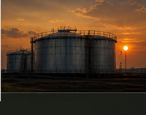Petroleum storage tanks at sunset